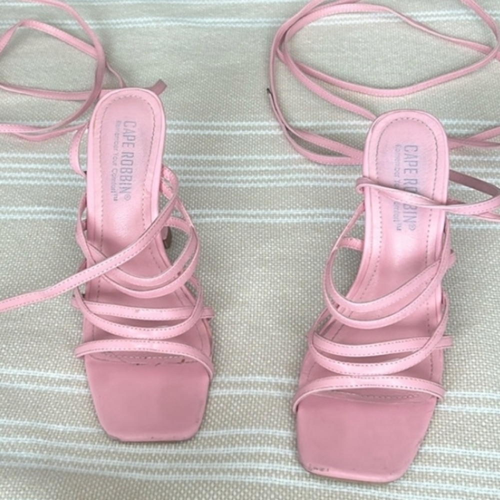 pink strappy heels size 6.5 Heel damaged/glue repaired
